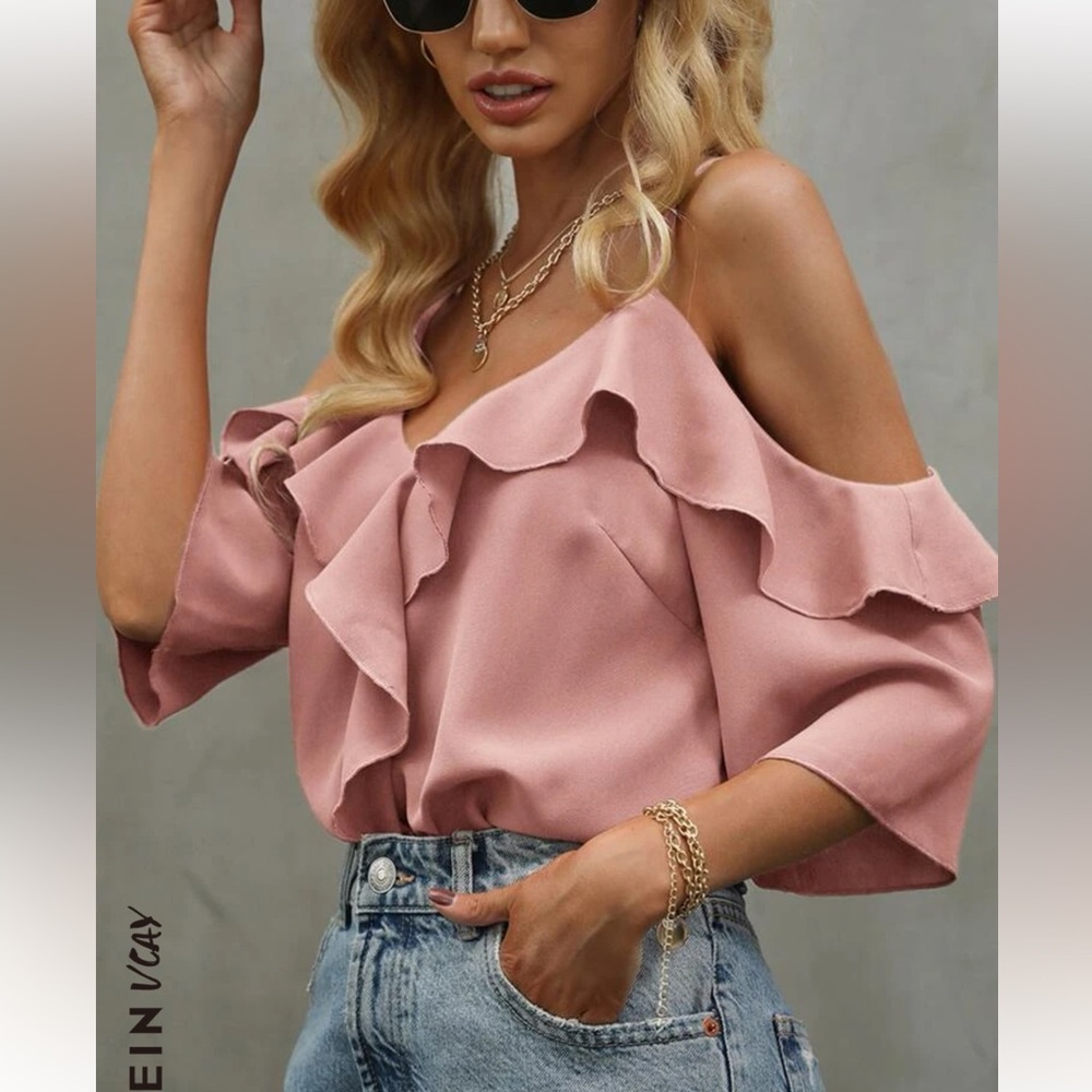 Cold Shoulder Ruffle Trim Blouse